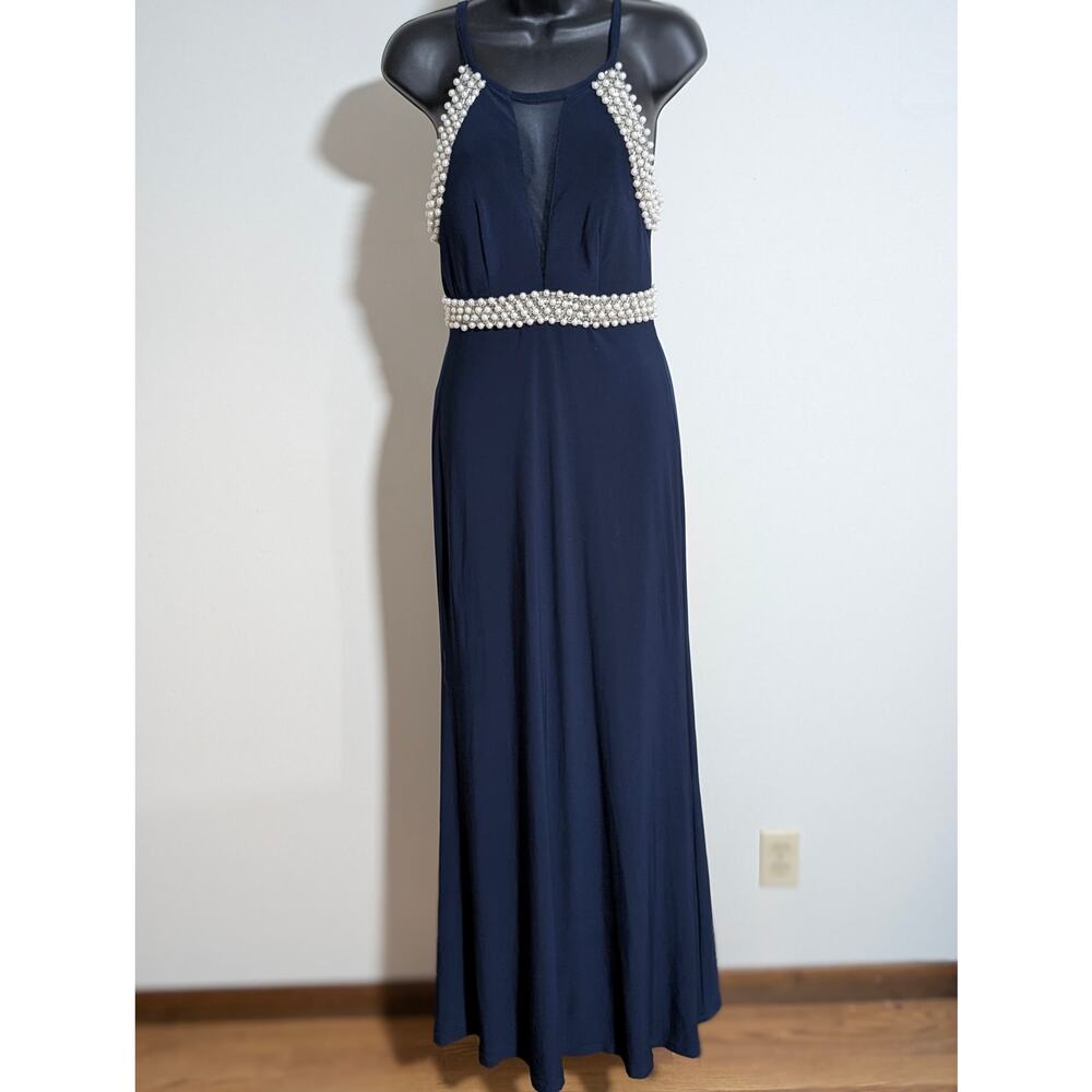 Camille La Vie Blue Long Formal Evening Dress Beaded Sleeveless Size 2 Xsmall